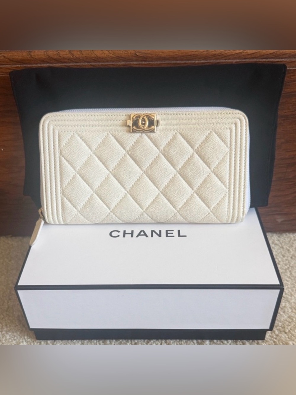 Chanel Boy Zip Long Wallet in Ivory with Gold Hardware